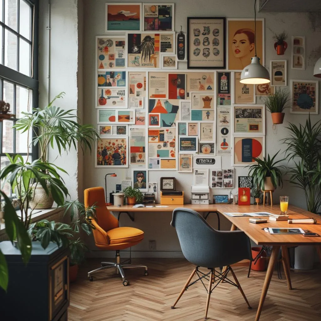 Meaningness office space with retro design elements and brand strategy materials